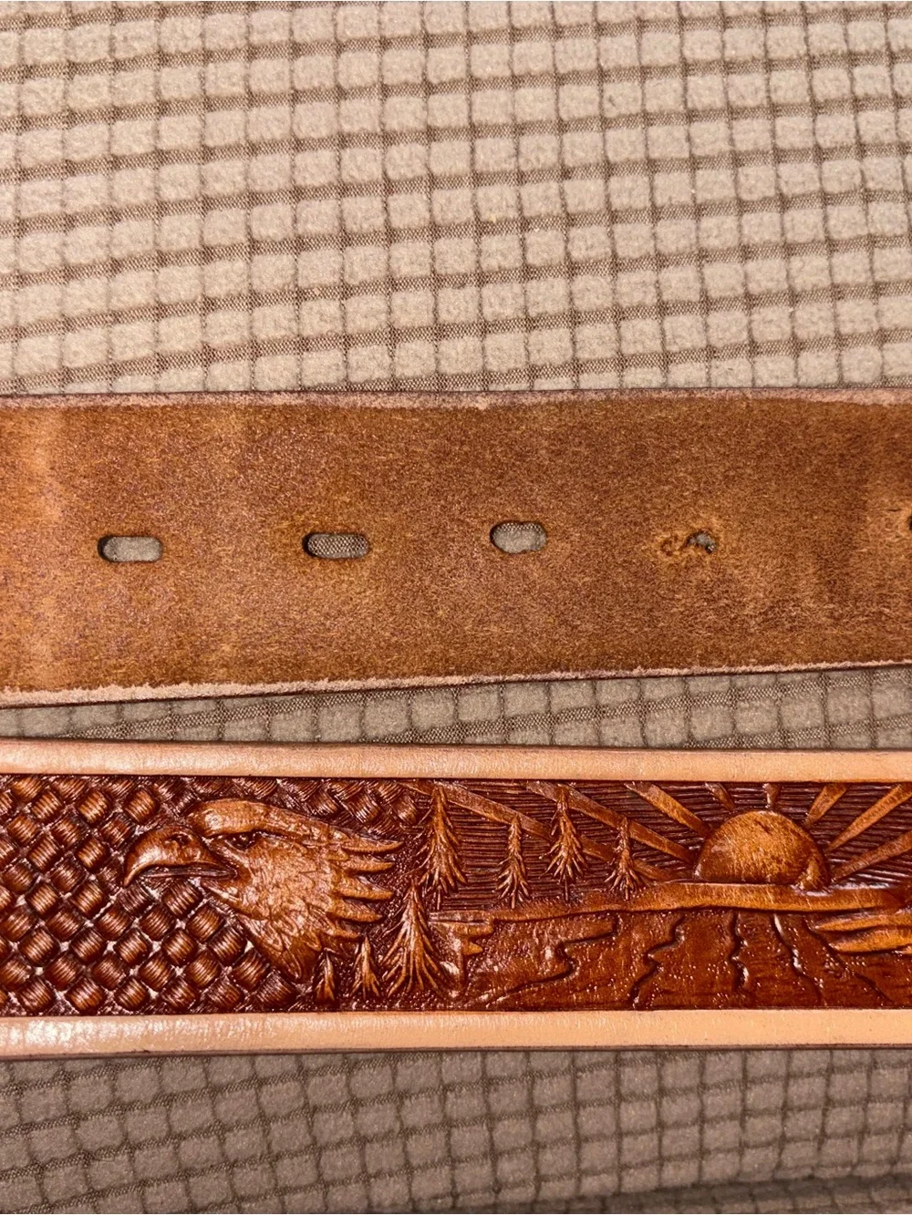 Boy Scout Tooled Brown Leather Belt with logo Buckle and designs marked size 50